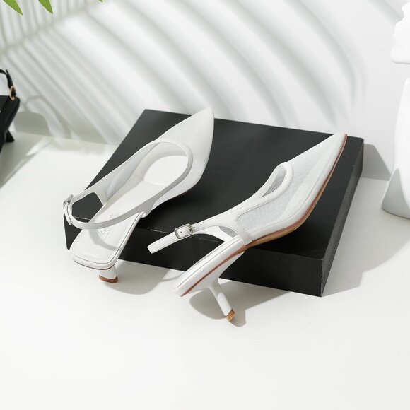 Mostrin Kitten Heel  White Mesh Low Slingback Heels with Buckle Dress Shoes - Picture 6 of 9
